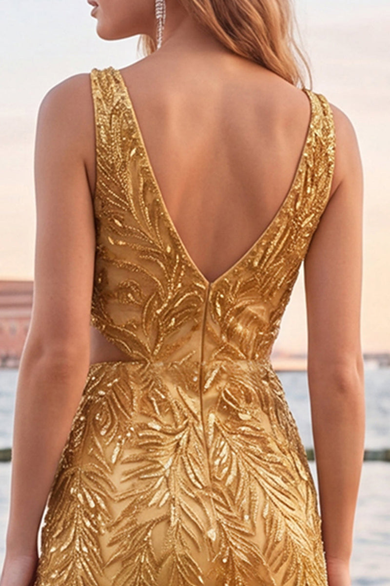 Load image into Gallery viewer, Sparkly Gold V-Neck Sequins Cut Out Tight Short Cocktail Dress
