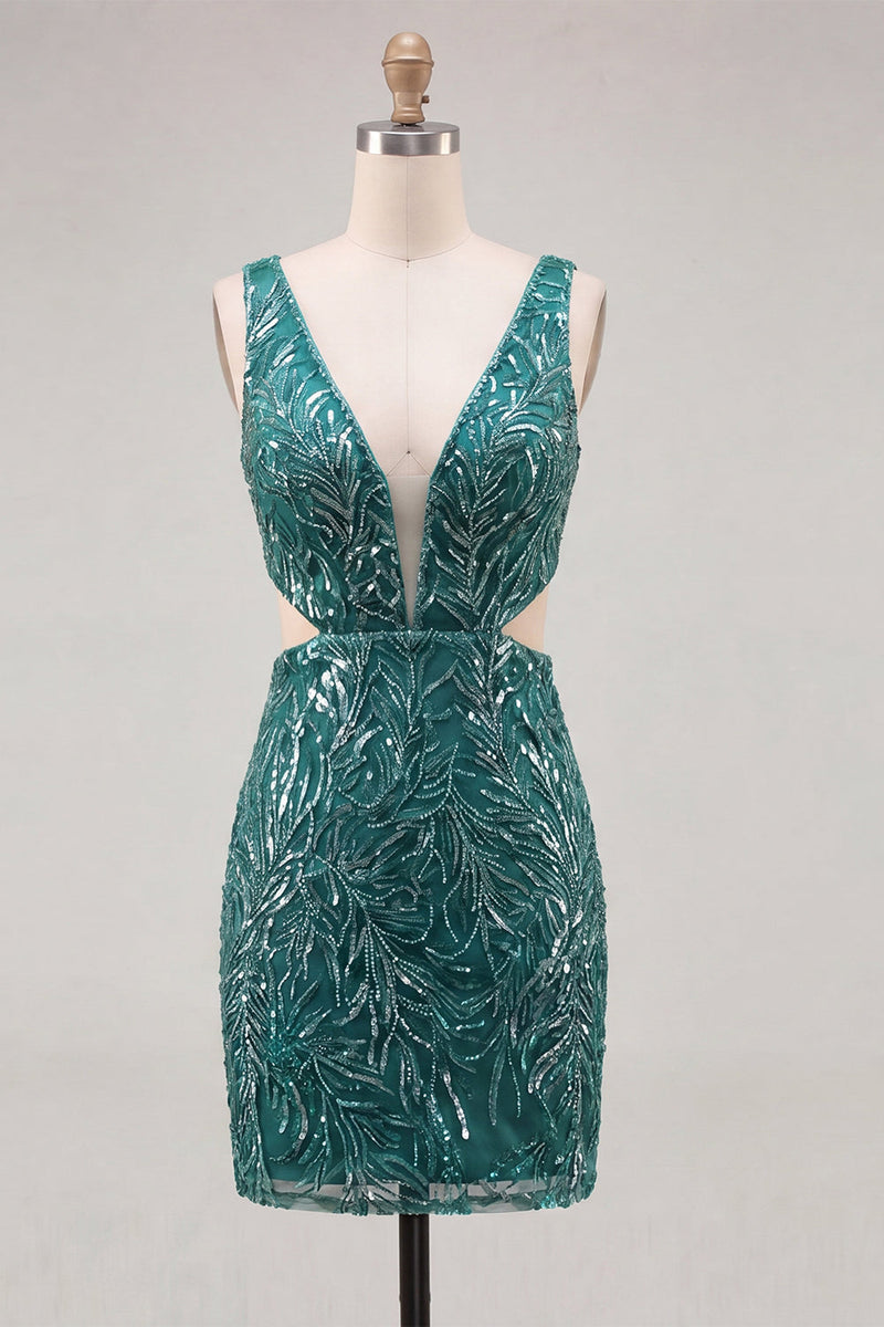 Load image into Gallery viewer, Sparkly Gold V-Neck Sequins Cut Out Tight Short Cocktail Dress