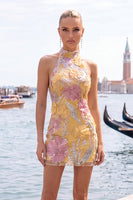 Load image into Gallery viewer, Floral Orange Sequins Sparkly Tight Short Cocktail  Dress