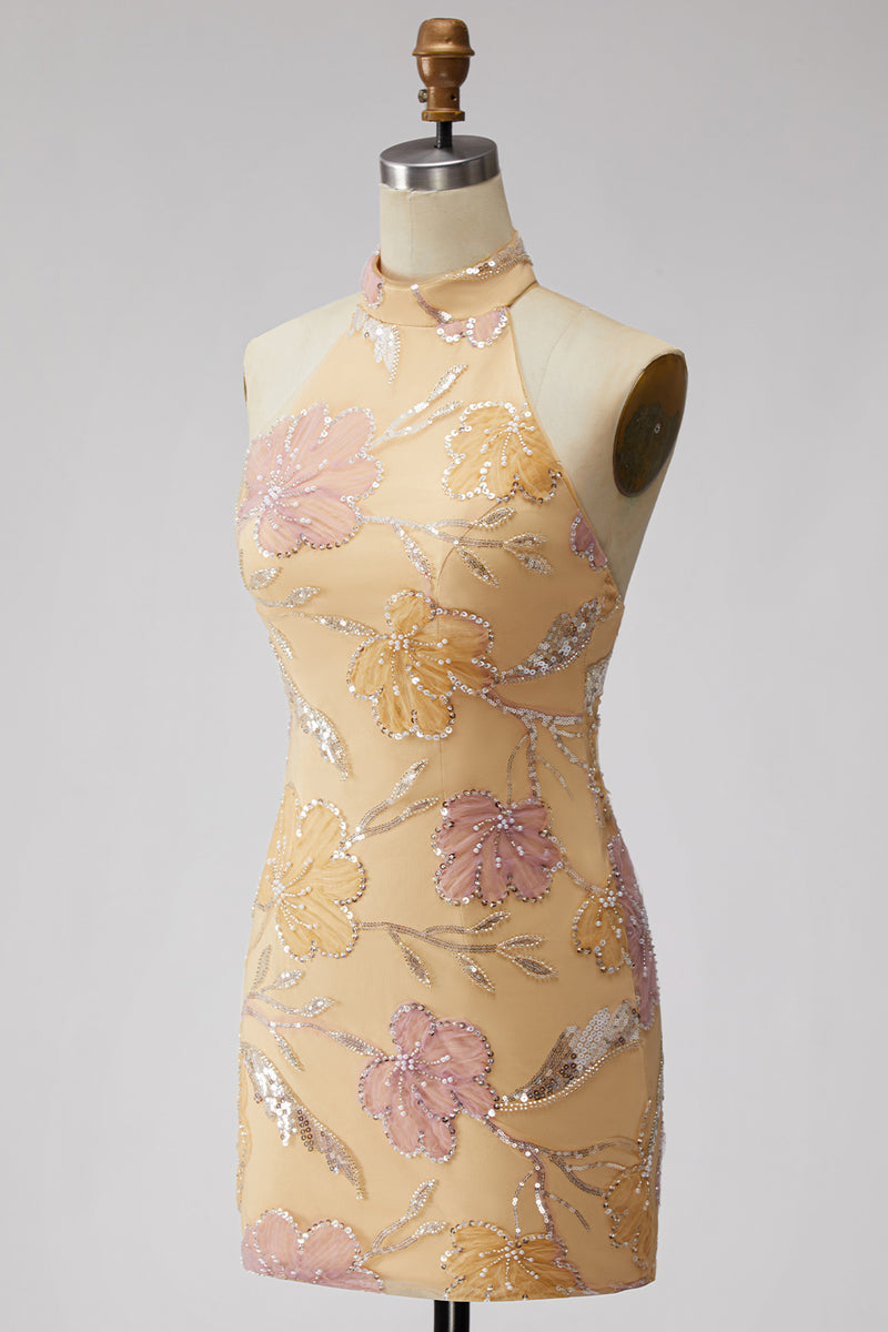 Load image into Gallery viewer, Floral Orange Sequins Sparkly Tight Short Cocktail  Dress