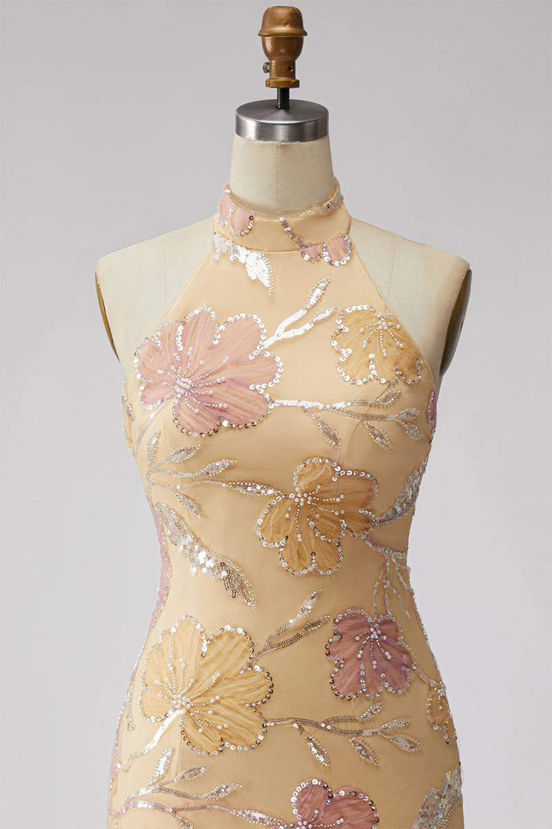Load image into Gallery viewer, Floral Orange Sequins Sparkly Tight Short Cocktail  Dress