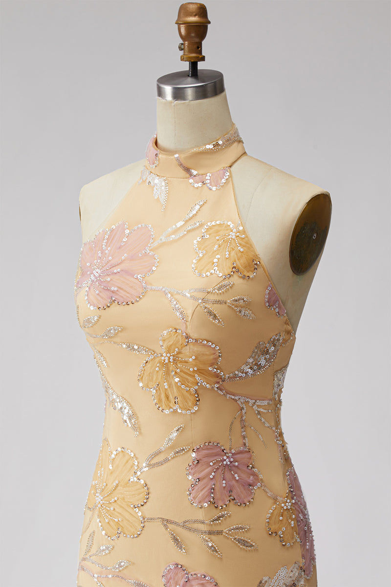 Load image into Gallery viewer, Floral Orange Sequins Sparkly Tight Short Cocktail  Dress