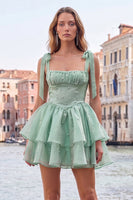 Load image into Gallery viewer, Light Green Ruffled Tiered Beaded Short A-Line Cocktail Dress