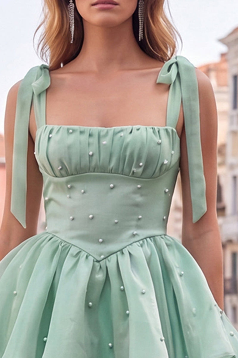 Load image into Gallery viewer, Light Green Ruffled Tiered Beaded Short A-Line Cocktail Dress
