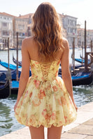 Load image into Gallery viewer, Floral Yellow A Line Sweetheart Short Cocktail Dress with Bow