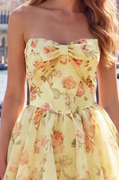Load image into Gallery viewer, Floral Yellow A Line Sweetheart Short Cocktail Dress with Bow