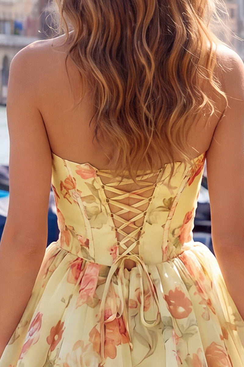Load image into Gallery viewer, Floral Yellow A Line Sweetheart Short Cocktail Dress with Bow