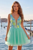 Load image into Gallery viewer, Floral Mint Green A-Line V-Neck Short Cocktail Dress