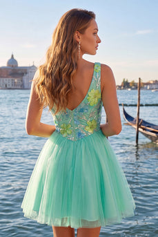 Floral Mint Green A-Line V-Neck Short Cocktail Dress