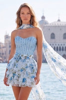 Load image into Gallery viewer, Sparkly Light Blue Beaded Corset Sweetheart Floral Short Cocktail Dress with Shawl