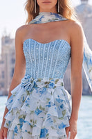 Load image into Gallery viewer, Sparkly Light Blue Beaded Corset Sweetheart Floral Short Cocktail Dress with Shawl