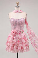 Load image into Gallery viewer, Sparkly Light Blue Beaded Corset Sweetheart Floral Short Cocktail Dress with Shawl