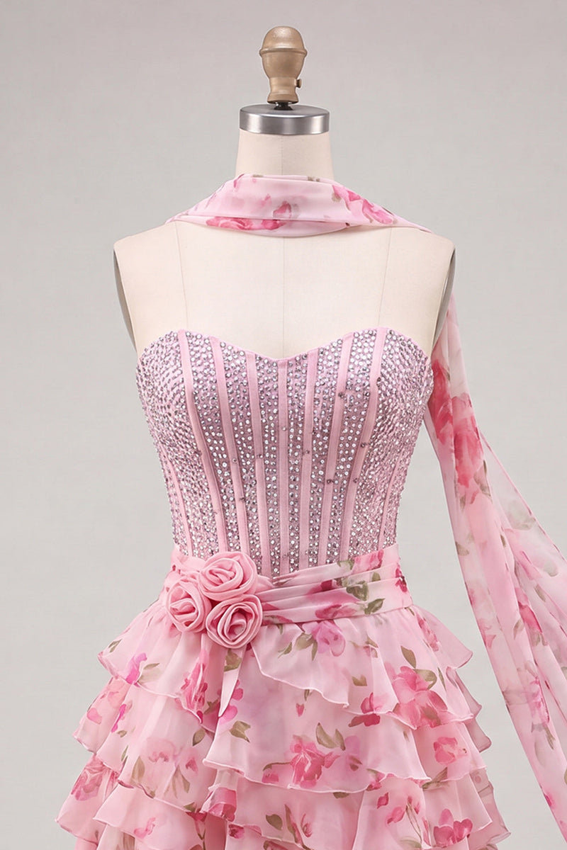 Load image into Gallery viewer, Sparkly Light Blue Beaded Corset Sweetheart Floral Short Cocktail Dress with Shawl