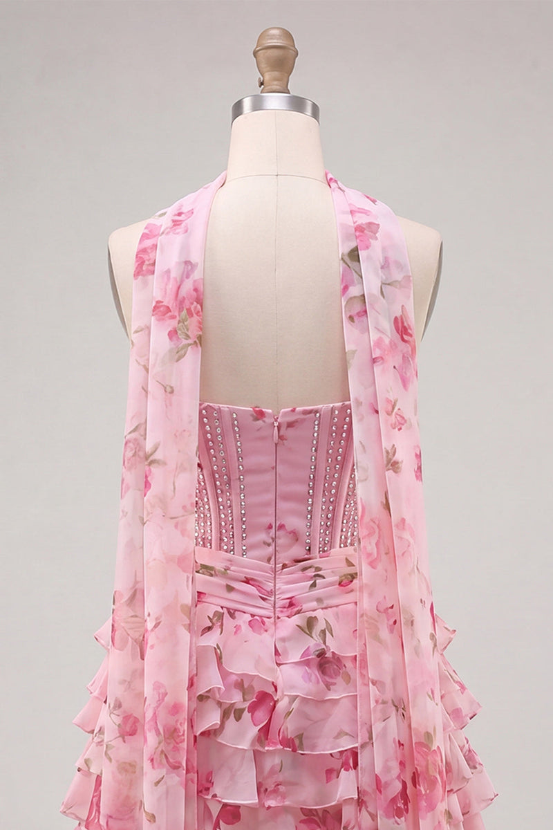 Load image into Gallery viewer, Sparkly Light Blue Beaded Corset Sweetheart Floral Short Cocktail Dress with Shawl