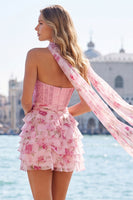 Load image into Gallery viewer, Sparkly Light Blue Beaded Corset Sweetheart Floral Short Cocktail Dress with Shawl