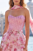Load image into Gallery viewer, Sparkly Light Blue Beaded Corset Sweetheart Floral Short Cocktail Dress with Shawl