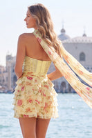 Load image into Gallery viewer, Sparkly Light Blue Beaded Corset Sweetheart Floral Short Cocktail Dress with Shawl