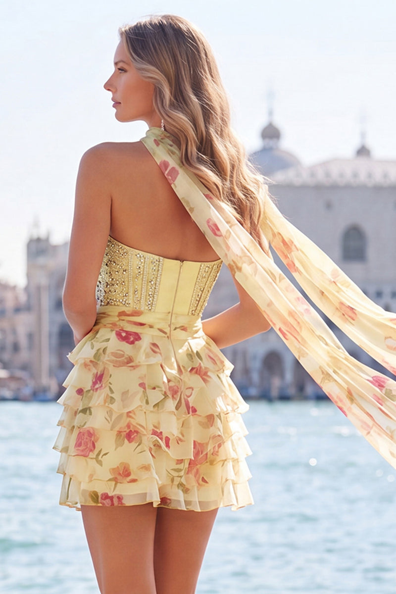 Load image into Gallery viewer, Sparkly Light Blue Beaded Corset Sweetheart Floral Short Cocktail Dress with Shawl