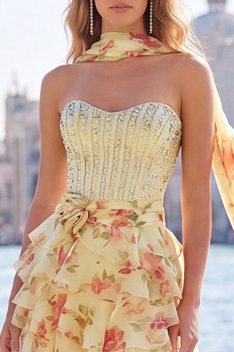 Load image into Gallery viewer, Sparkly Light Blue Beaded Corset Sweetheart Floral Short Cocktail Dress with Shawl