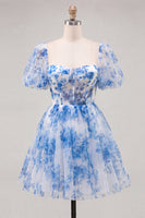 Load image into Gallery viewer, Floral Blue Square Neck Corset Short Cocktail Dress with Sleeves
