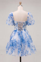 Load image into Gallery viewer, Floral Blue Square Neck Corset Short Cocktail Dress with Sleeves
