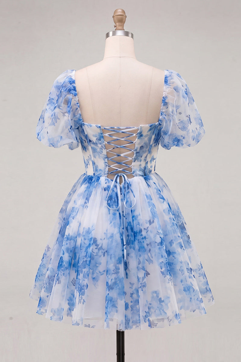 Load image into Gallery viewer, Floral Blue Square Neck Corset Short Cocktail Dress with Sleeves