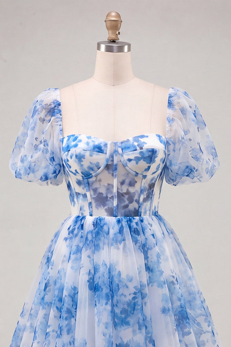 Load image into Gallery viewer, Floral Blue Square Neck Corset Short Cocktail Dress with Sleeves