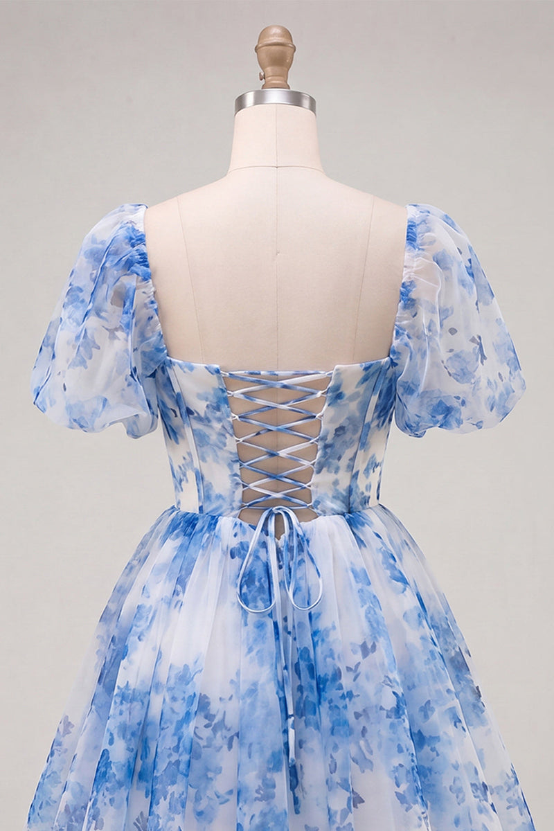 Load image into Gallery viewer, Floral Blue Square Neck Corset Short Cocktail Dress with Sleeves