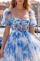 Load image into Gallery viewer, Floral Blue Square Neck Corset Short Cocktail Dress with Sleeves