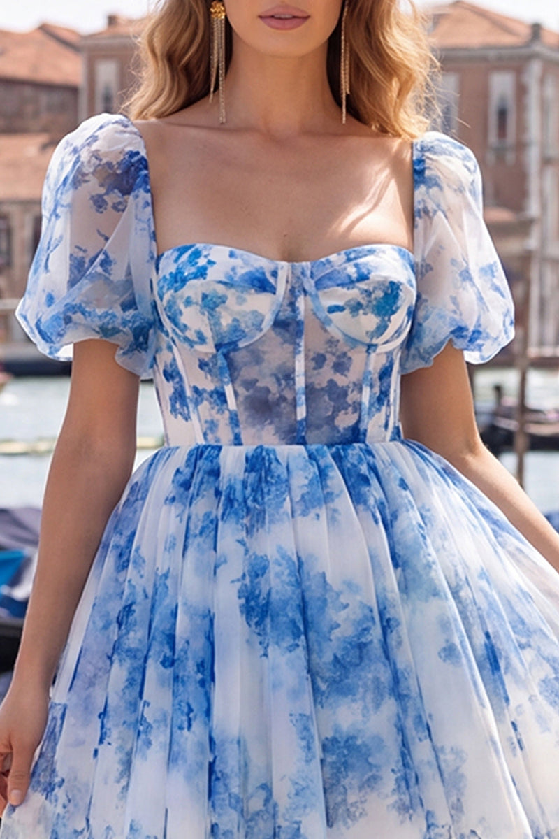 Load image into Gallery viewer, Floral Blue Square Neck Corset Short Cocktail Dress with Sleeves
