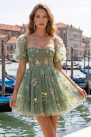 Load image into Gallery viewer, Floral Blue Square Neck Corset Short Cocktail Dress with Sleeves