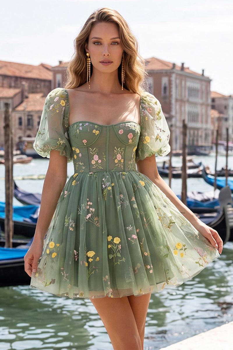 Load image into Gallery viewer, Floral Blue Square Neck Corset Short Cocktail Dress with Sleeves