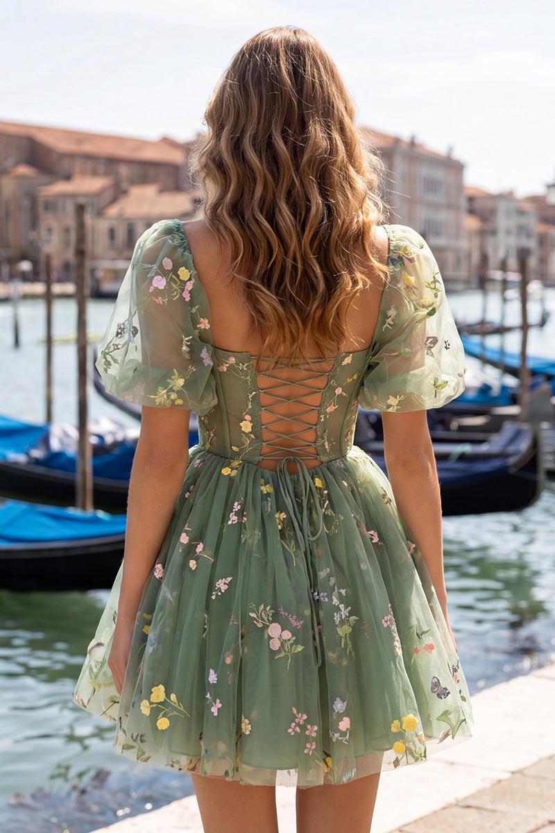 Load image into Gallery viewer, Floral Blue Square Neck Corset Short Cocktail Dress with Sleeves