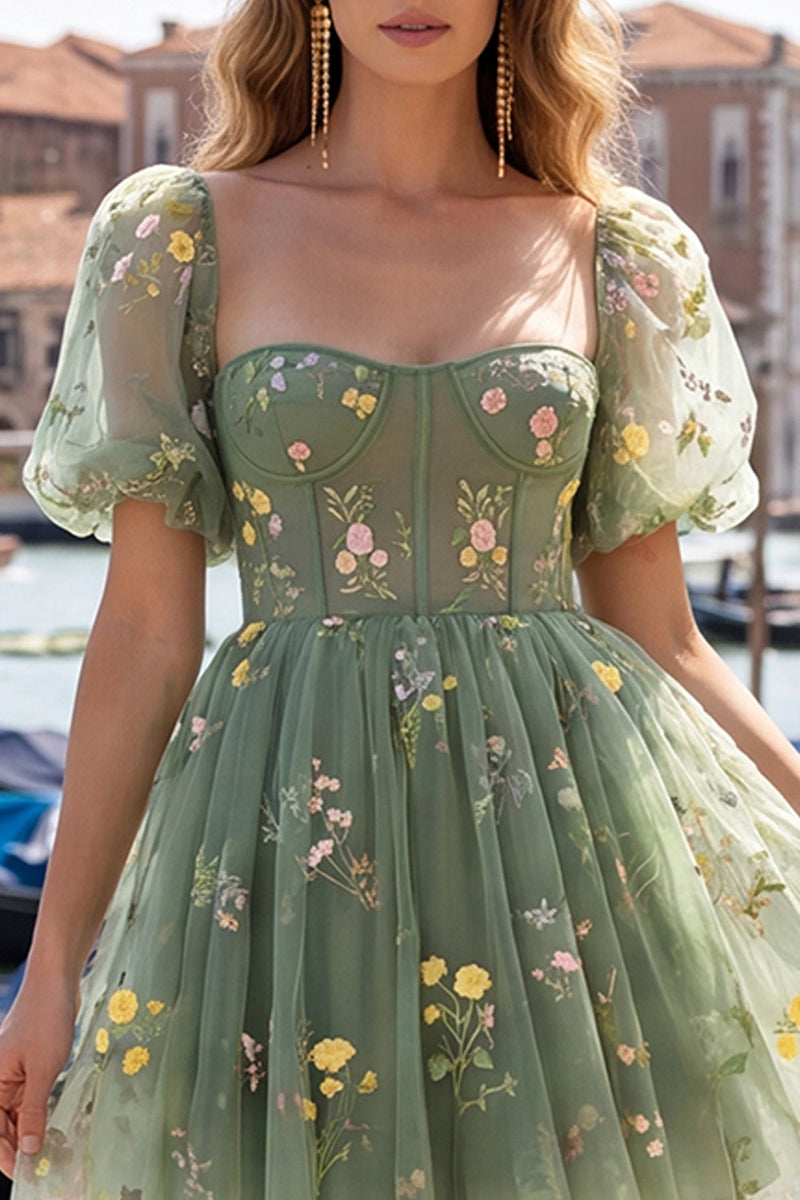 Load image into Gallery viewer, Floral Blue Square Neck Corset Short Cocktail Dress with Sleeves