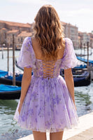 Load image into Gallery viewer, Floral Blue Square Neck Corset Short Cocktail Dress with Sleeves