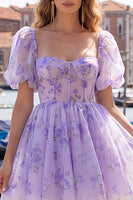 Load image into Gallery viewer, Floral Blue Square Neck Corset Short Cocktail Dress with Sleeves