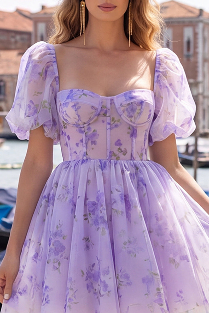Load image into Gallery viewer, Floral Blue Square Neck Corset Short Cocktail Dress with Sleeves