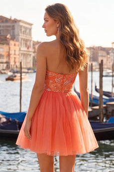 Floral Orange Tulle A-Line Short Cocktail Dress