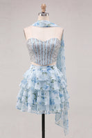 Load image into Gallery viewer, Sparkly Floral Light Blue Corset Short A Line Cocktail Dress with Neck Scarf