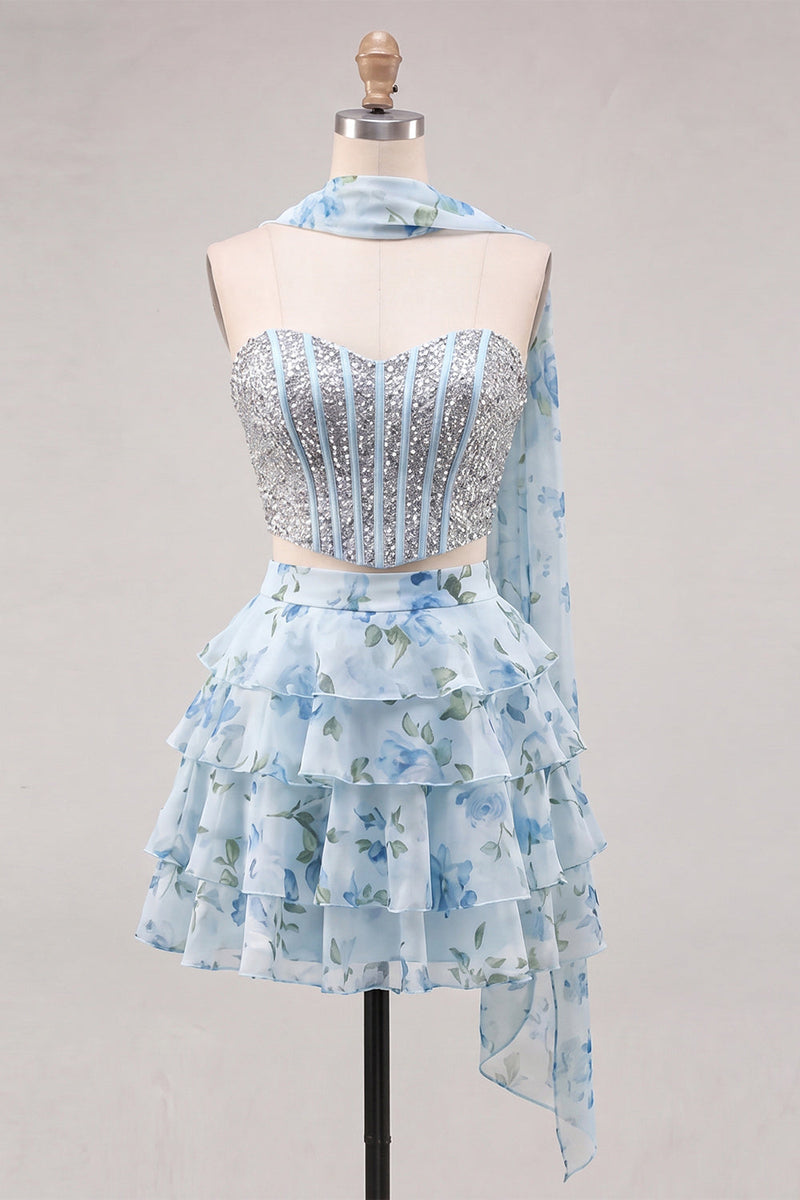 Load image into Gallery viewer, Sparkly Floral Light Blue Corset Short A Line Cocktail Dress with Neck Scarf