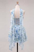 Load image into Gallery viewer, Sparkly Floral Light Blue Corset Short A Line Cocktail Dress with Neck Scarf
