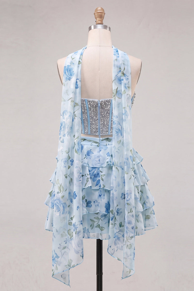 Load image into Gallery viewer, Sparkly Floral Light Blue Corset Short A Line Cocktail Dress with Neck Scarf