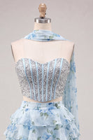 Load image into Gallery viewer, Sparkly Floral Light Blue Corset Short A Line Cocktail Dress with Neck Scarf