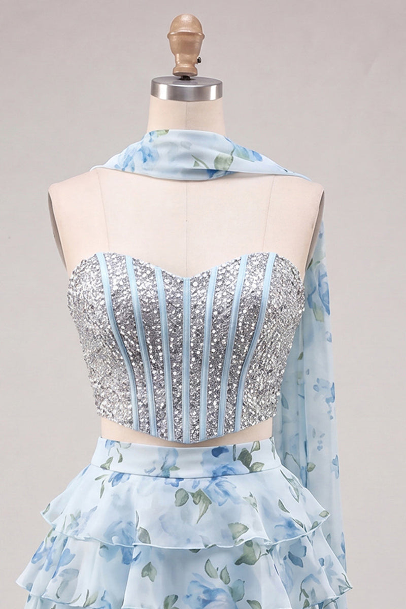 Load image into Gallery viewer, Sparkly Floral Light Blue Corset Short A Line Cocktail Dress with Neck Scarf