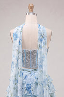 Load image into Gallery viewer, Sparkly Floral Light Blue Corset Short A Line Cocktail Dress with Neck Scarf