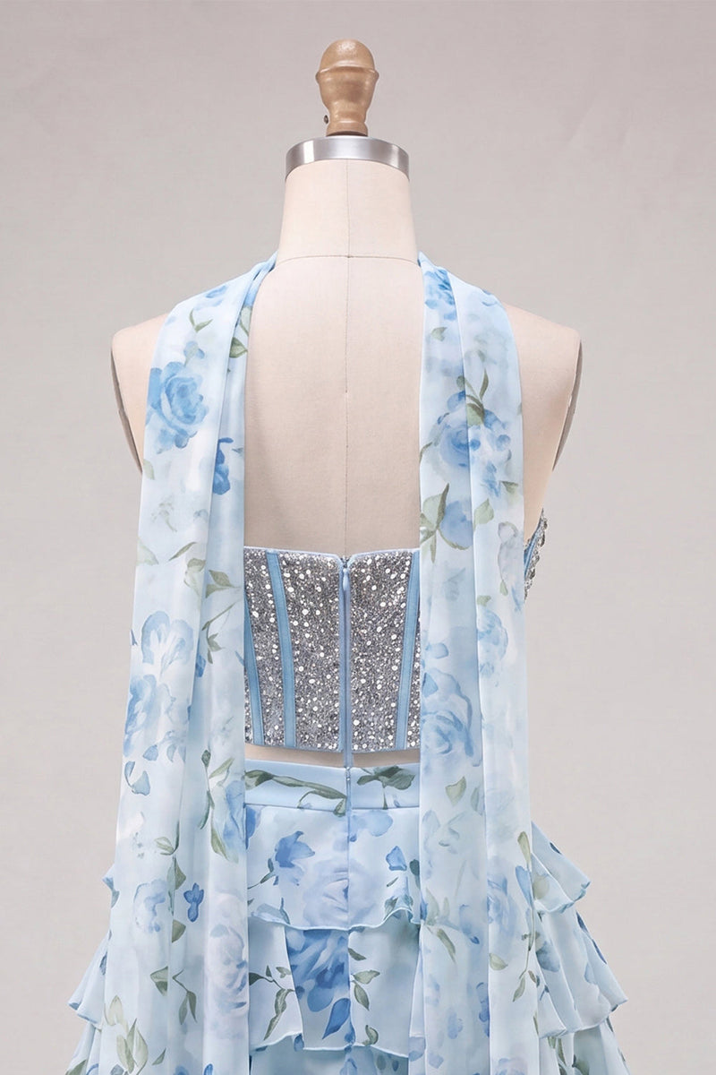 Load image into Gallery viewer, Sparkly Floral Light Blue Corset Short A Line Cocktail Dress with Neck Scarf