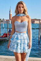 Load image into Gallery viewer, Sparkly Floral Light Blue Corset Short A Line Cocktail Dress with Neck Scarf
