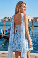 Load image into Gallery viewer, Sparkly Floral Light Blue Corset Short A Line Cocktail Dress with Neck Scarf