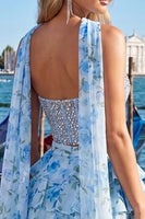 Load image into Gallery viewer, Sparkly Floral Light Blue Corset Short A Line Cocktail Dress with Neck Scarf