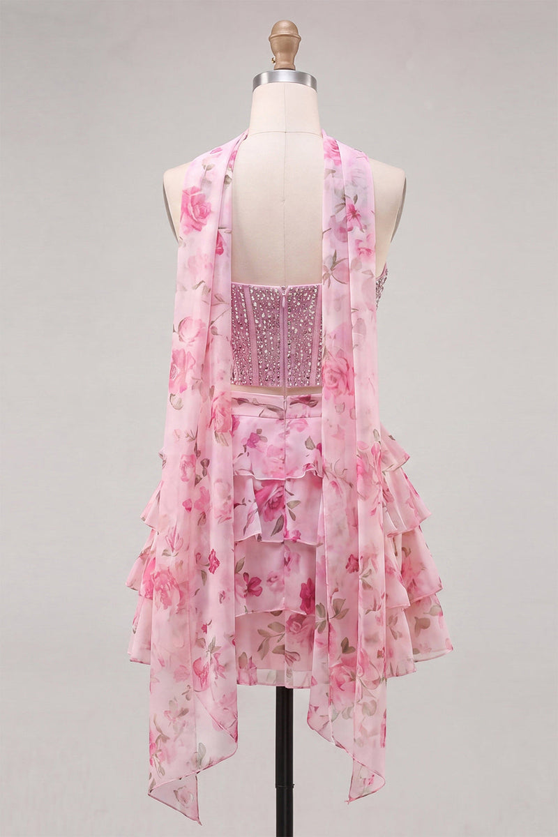 Load image into Gallery viewer, Sparkly Floral Light Blue Corset Short A Line Cocktail Dress with Neck Scarf